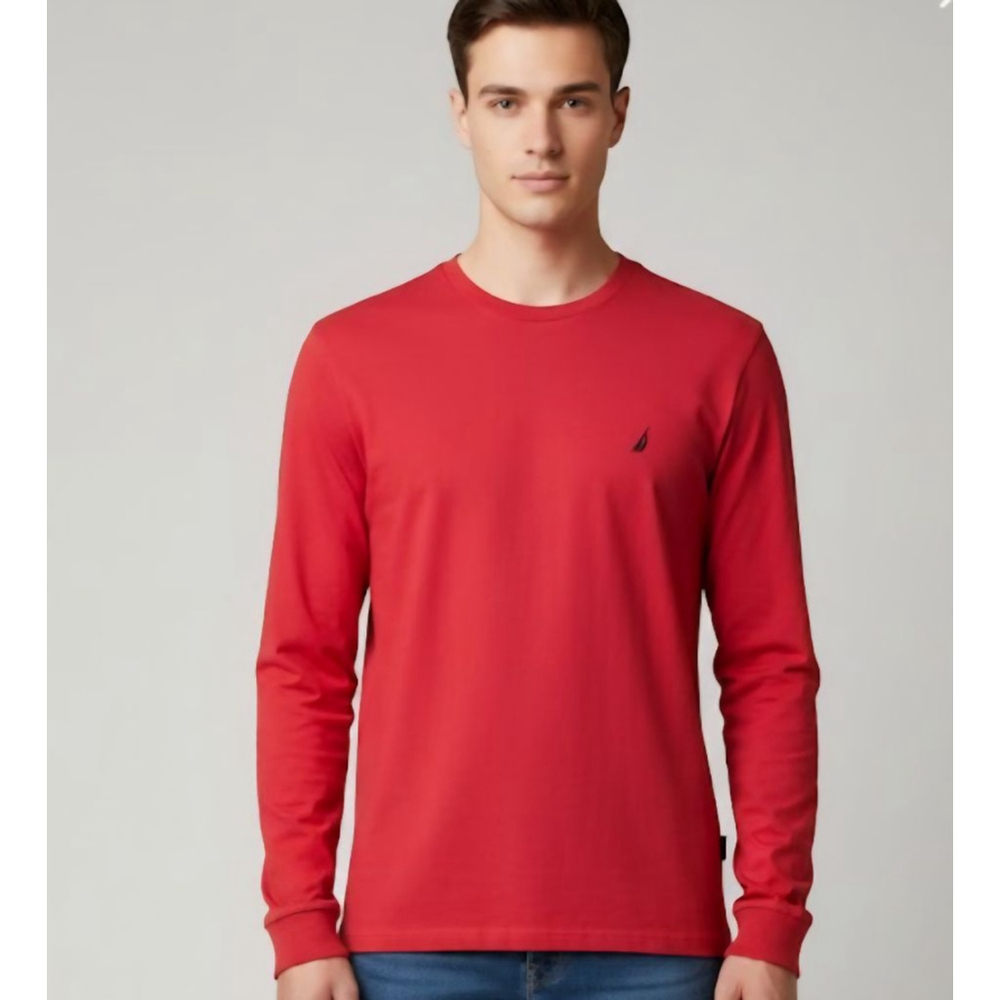 Nautica Mens Red Crew Neck Long Sleeve Shirt Size Small